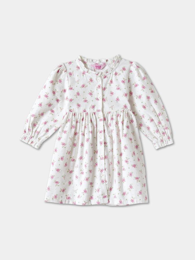 Girls Cotton A Line Ruffled Neck Printed Dress