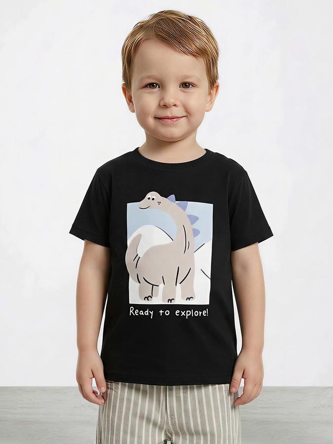 R&B Boys Black Short Sleeve Round Neck Dinosaur Graphic Print T-Shirt
