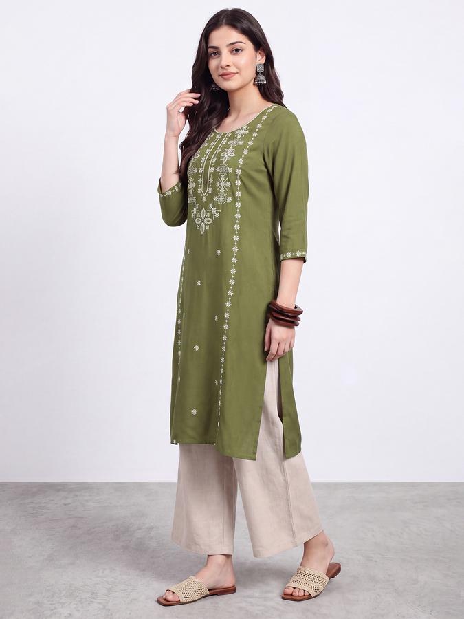 R&B Womens Olive Three-Quarter Sleeves Round Neck Floral Embroidery Straight Kurta