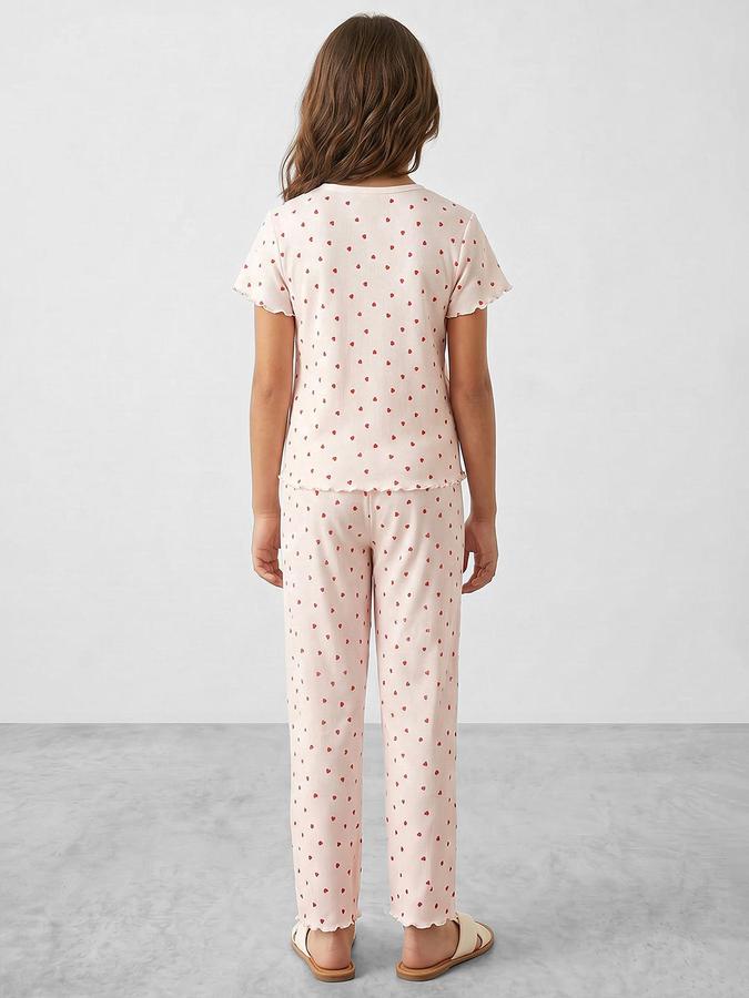 R&B Girls Off White Printed Round Neck Short Sleeves Pure Cotton Shirt &amp; Pyjamas Set
