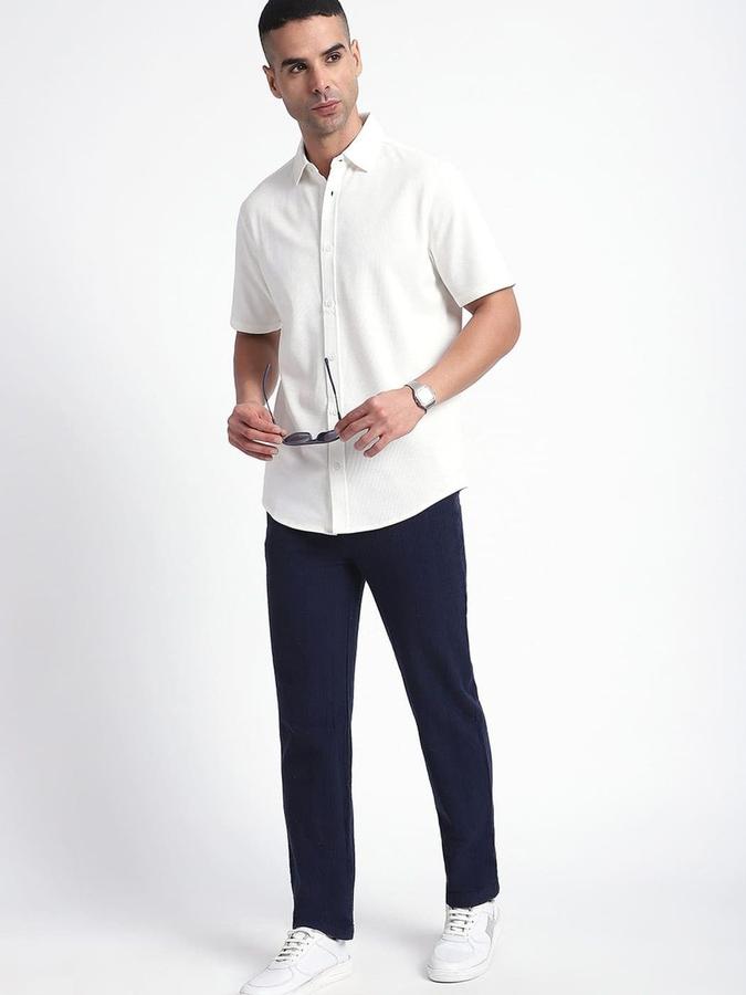 R&B Men Navy Self Design Regular Fit Trousers