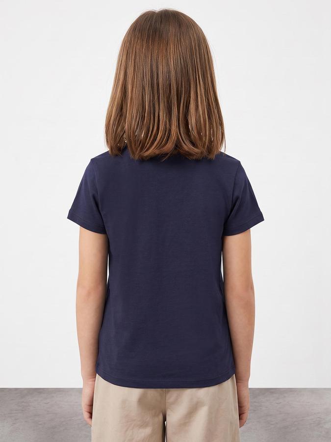 R&B Girls Navy Graphic Print Short Sleeves Round Neck Pure Cotton T-Shirt