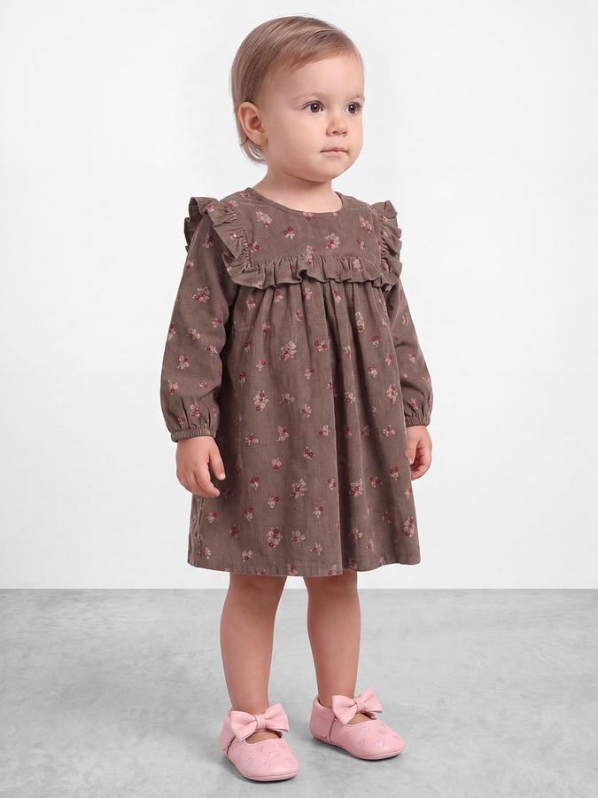 R&B Girls Brown Floral Print Round Neck Bishop Sleeves A-Line Dress