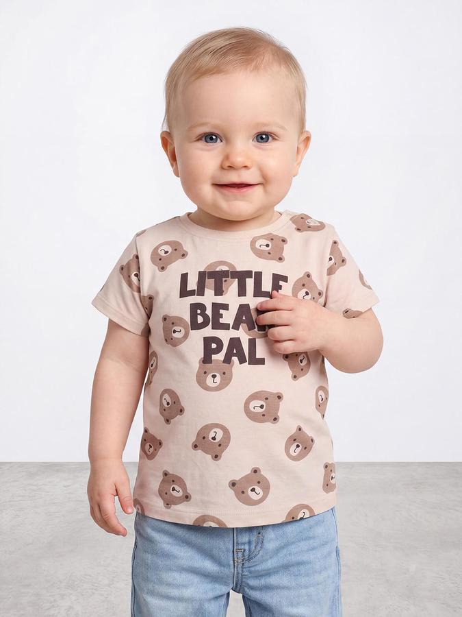 R&B Boys Beige Short Sleeve Round Neck Teddy Bear Printed T-Shirt