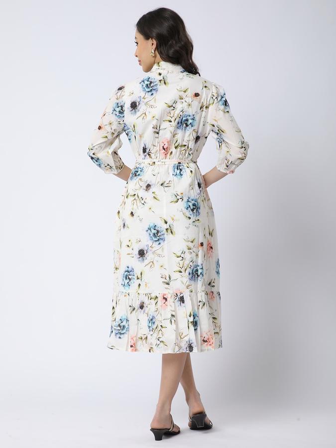R&B Women Blue Floral Print High-Neck Dress