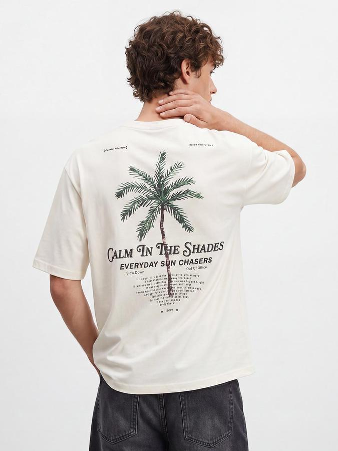 R&B Men Cream Graphic Back Print Pure Cotton Short Sleeves Tshirt