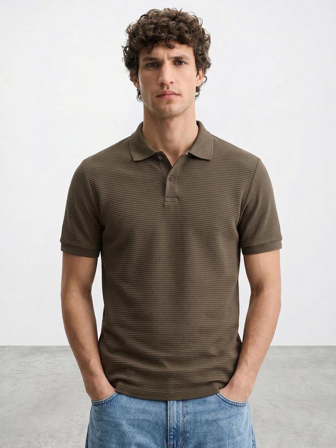 R&B Olive Men Textured Short Sleeves Tshirt
