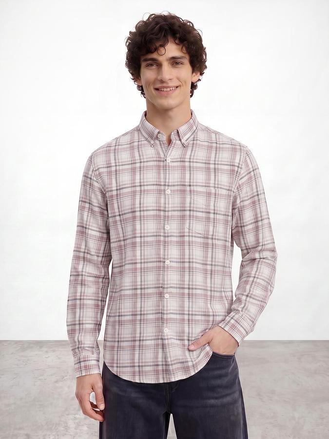 R&B Men Mauve Button Down Long Sleeves Checked Shirt
