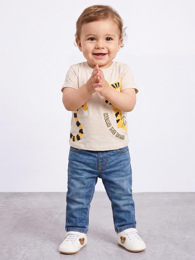 R&B Boys Beige Short Sleeve Round Neck Tiger Graphic Print T-Shirt