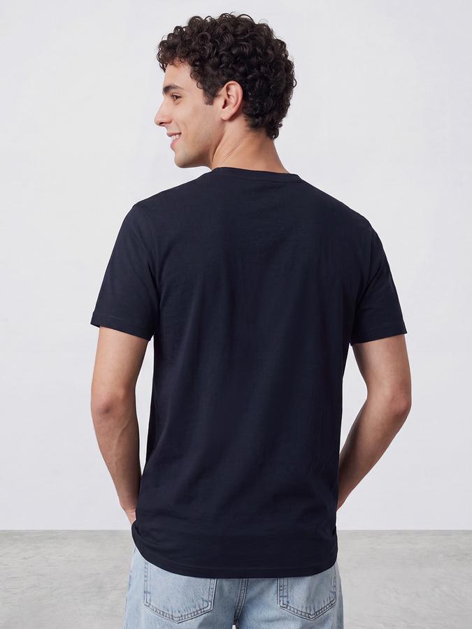 R&B Men Navy Blue Typographic Print Short Sleeves Pure Cotton Tshirt