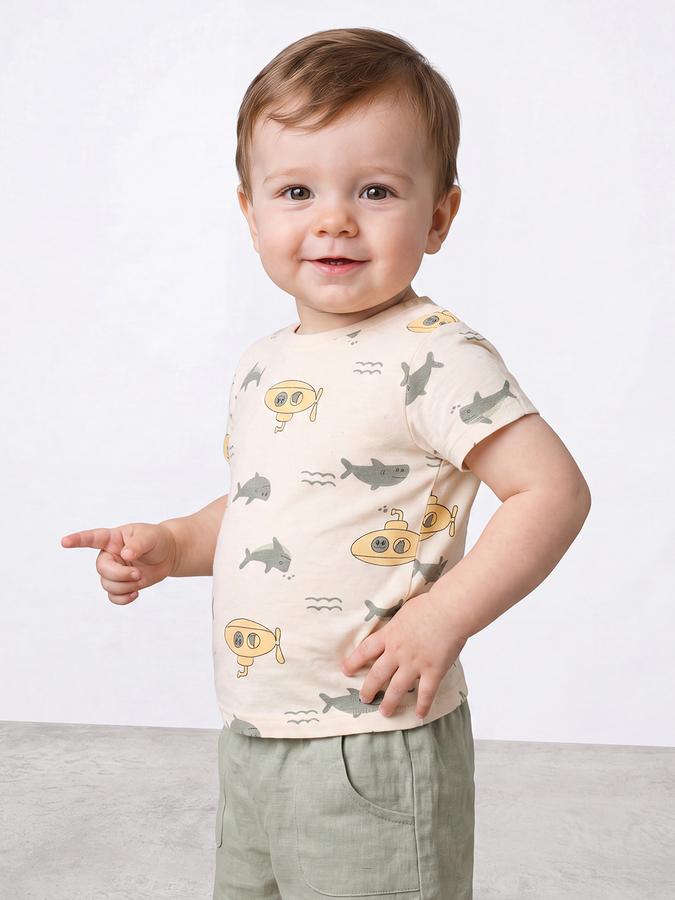R&B Boys Light Beige Graphic Print Short Sleeves Tshirt