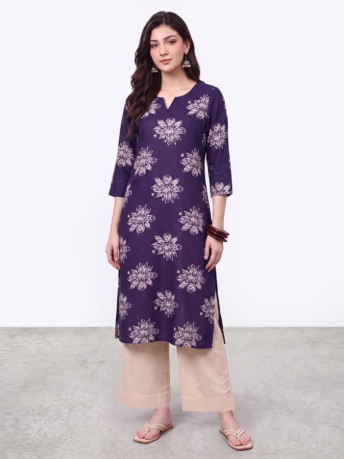 R&B Womens Purple Three-Quarter Sleeves Round Neck Floral Printed Straight Kurta