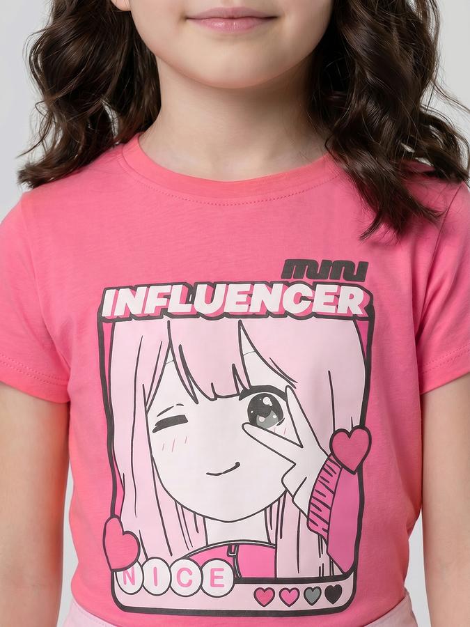 R&B Pink Graphic Print Girls Round Neck Regular Fit Short Sleeves T-Shirt 