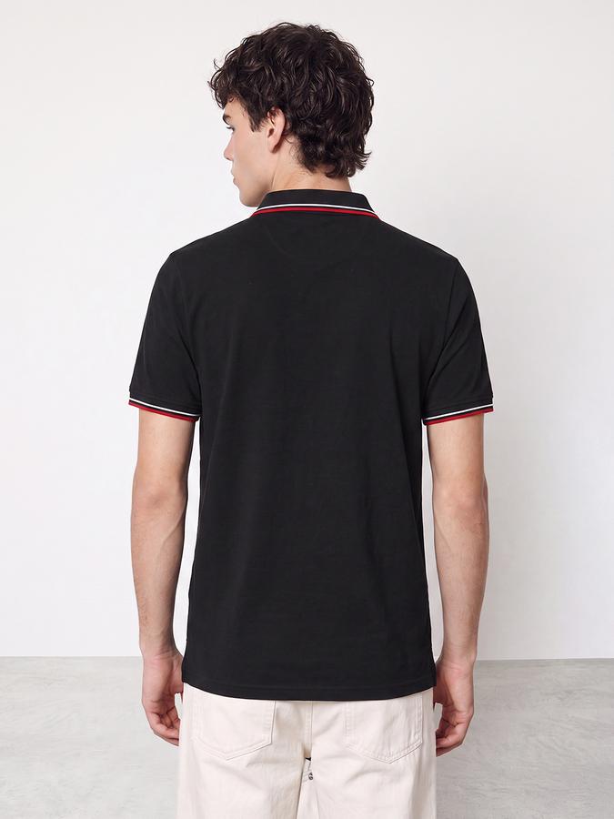 R&B Men Black Solid Short Sleeves Tipping Polo Collar Tshirt
