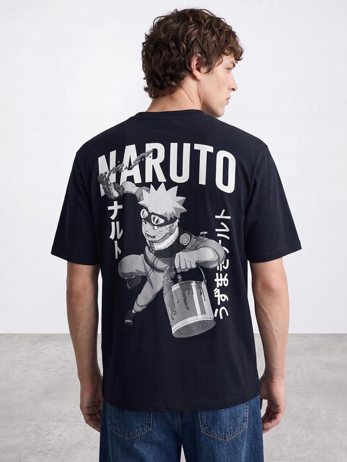 R&B Men Navy Blue Short Sleeve Naruto Graphic Back Print T-Shirt