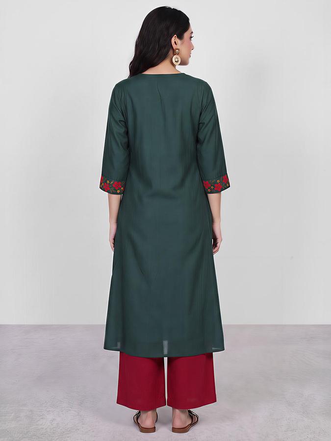 R&B Women Forest Green Floral Embroidered V-Neck Three-Quarter Sleeve A-Line Kurta