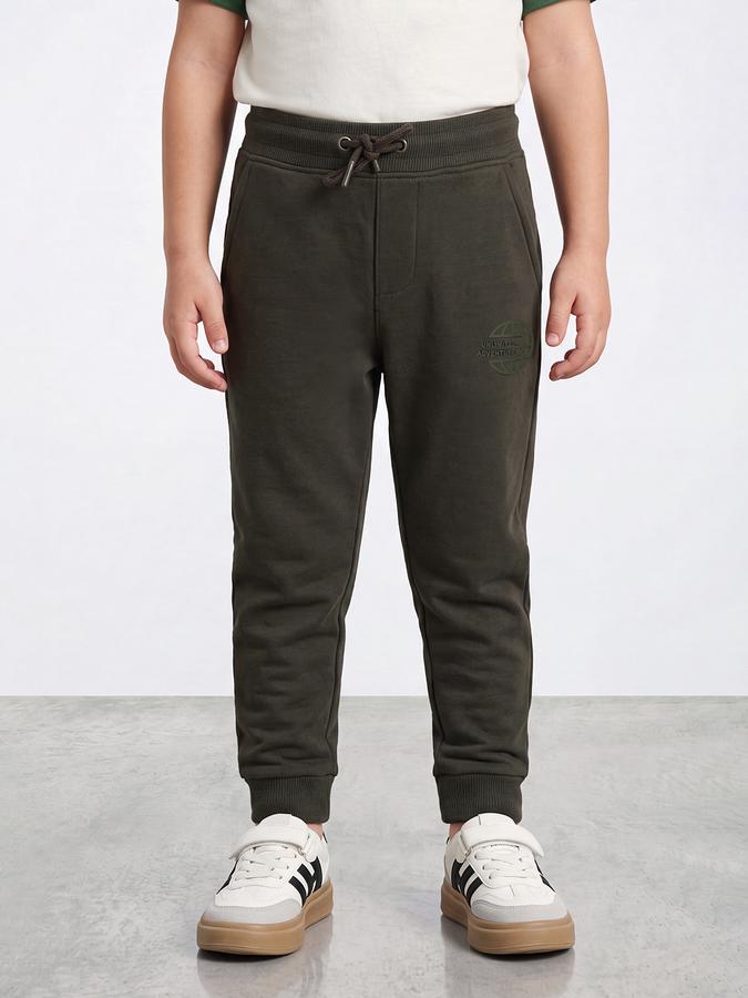 R&B Boys Olive Printed Pure Cotton Mid Rise Joggers
