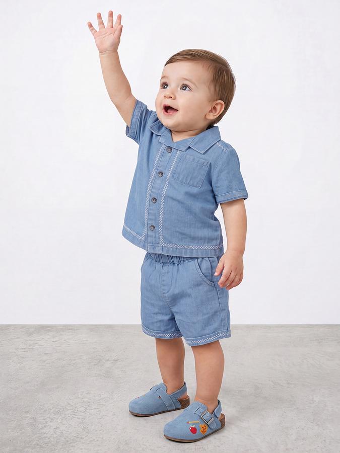 R&B Boys Blue Embroidered Shirt Collar Short Sleeve Pure Cotton Denim Shirt & Shorts Set