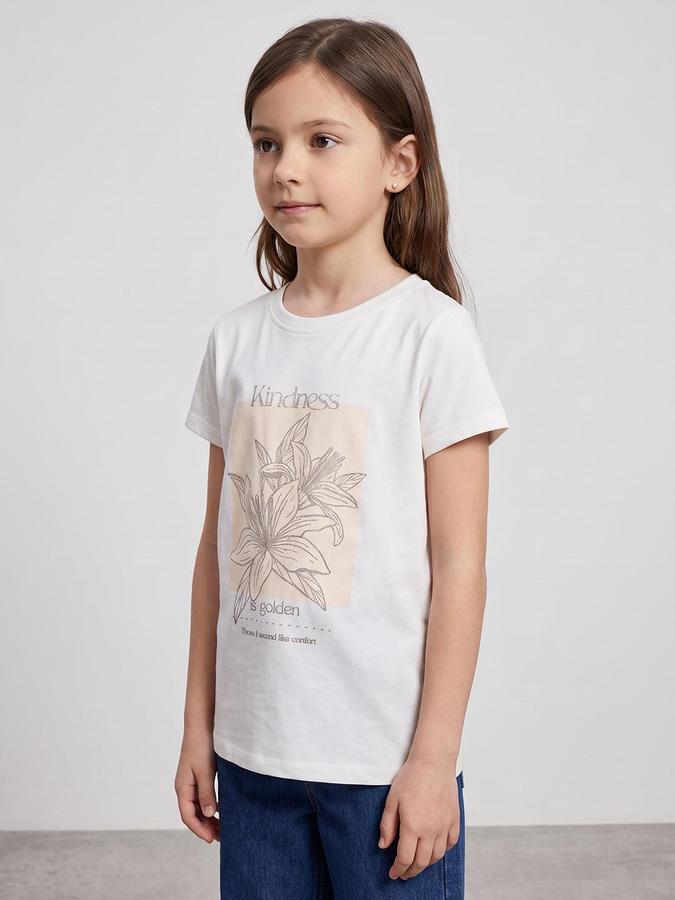 R&B Girls White Graphic Print Short Sleeves Round Neck Pure Cotton T-Shirt