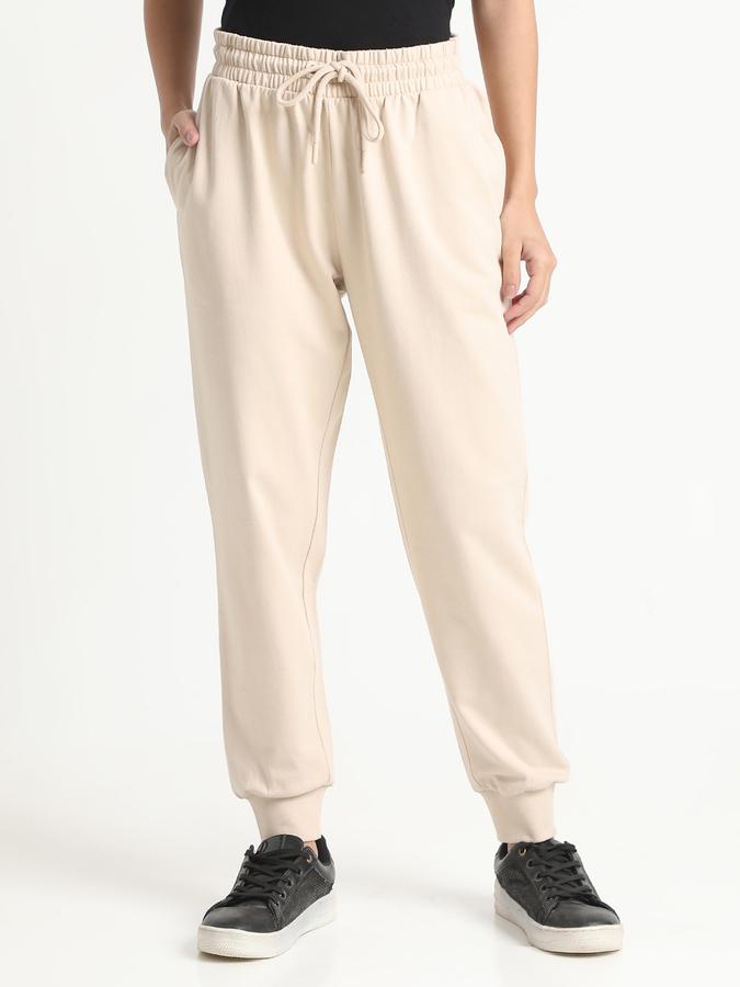 Women Cotton Regular Fit Drawstring Waist Solid Trackpants