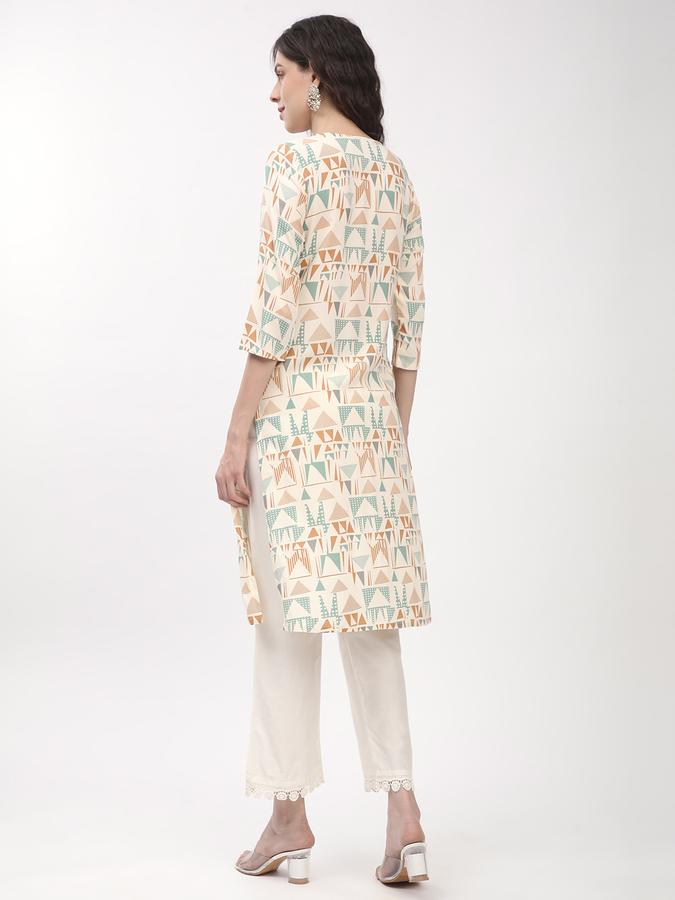 Women's regular fit casual off white geometric printed round neck straight kurta image number 2