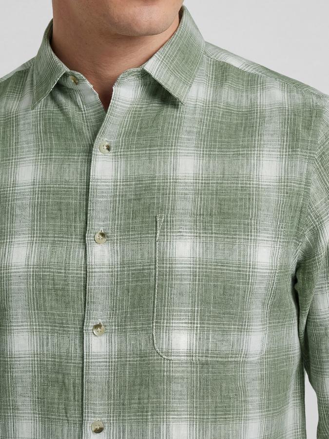 R&B Green Checked Men Spread Collar Long Sleeves Shirt