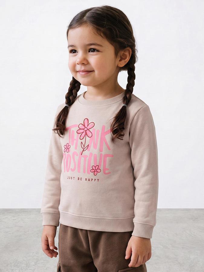 R&B Girls Beige Typography Print Round Neck Long Sleeves Sweatshirt