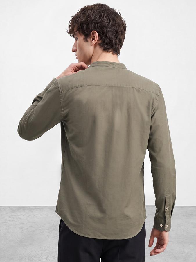 R&B Men's Olive Long Sleeves Slub Mandarin Collar Shirt