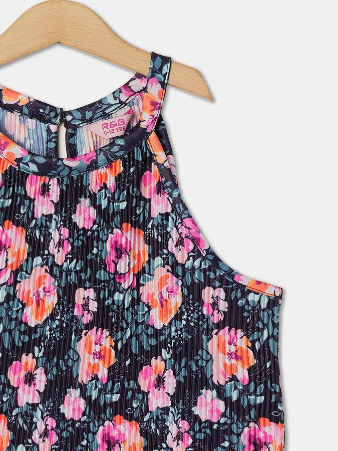 Girls Polyester Regular Fit High Neck Sleeveless Pleated Top