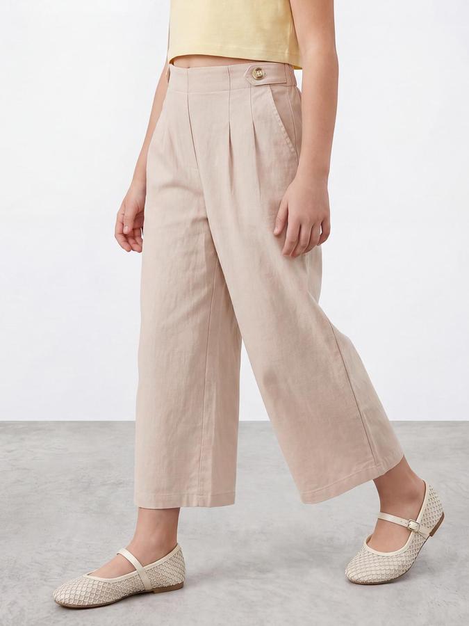 R&B Girls Beige Solid Regular Fit Trouser