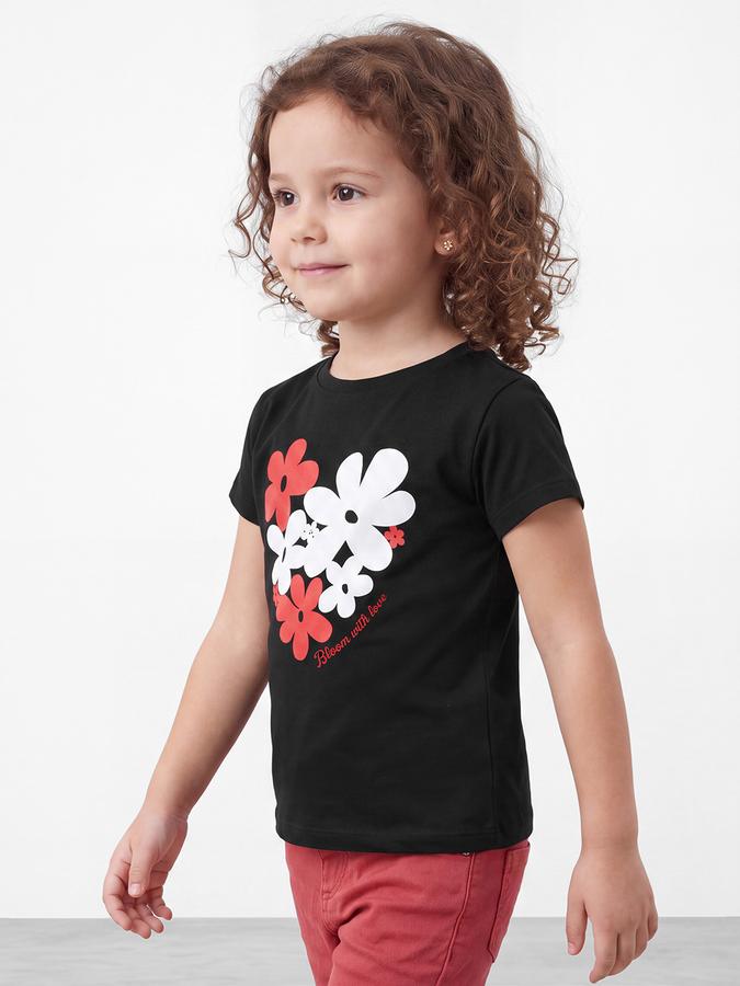 R&B Girls Black Floral Print  Short Sleeves Pure Cotton T-shirt
