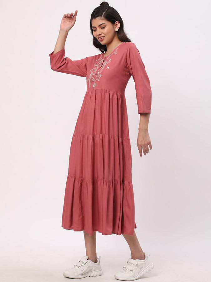 R&B Women Pink Embroidered Three Quarter Sleeves Fit &amp; Flared Midi  Ethnic Dress