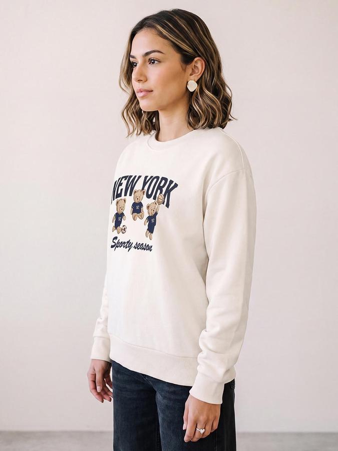 R&B Women Cream Graphic Teddy Print Round Neck Long Sleeves Relaxed Fit Sweatshirt