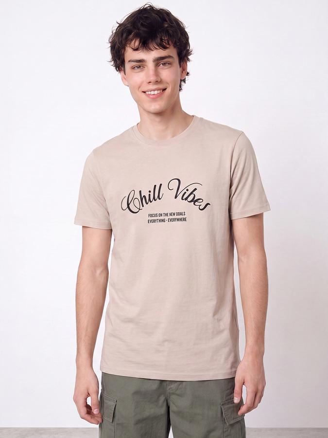 R&B Men Beige Typographic Print Short Sleeves Pure Cotton Tshirt