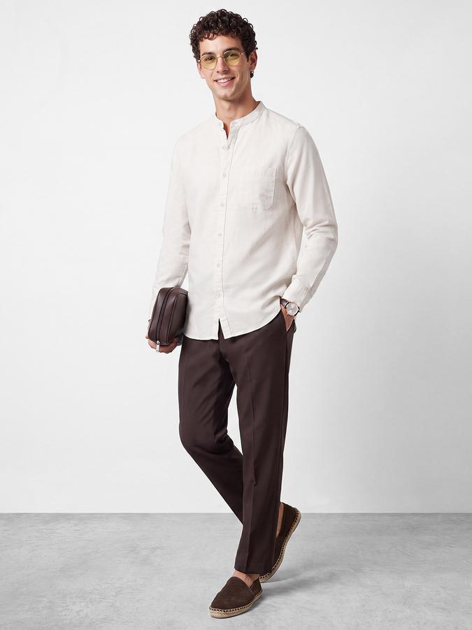 R&B Men's Cream Long Sleeves Slub Mandarin Collar Shirt