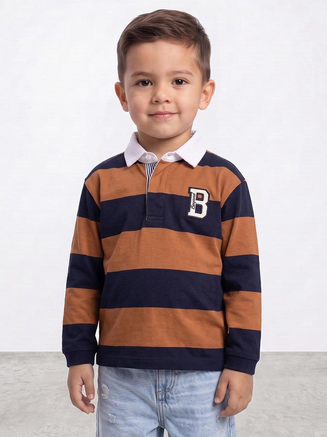 R&B Boys Orange Striped Long Sleeves Polo Collar Pure Cotton T-Shirt