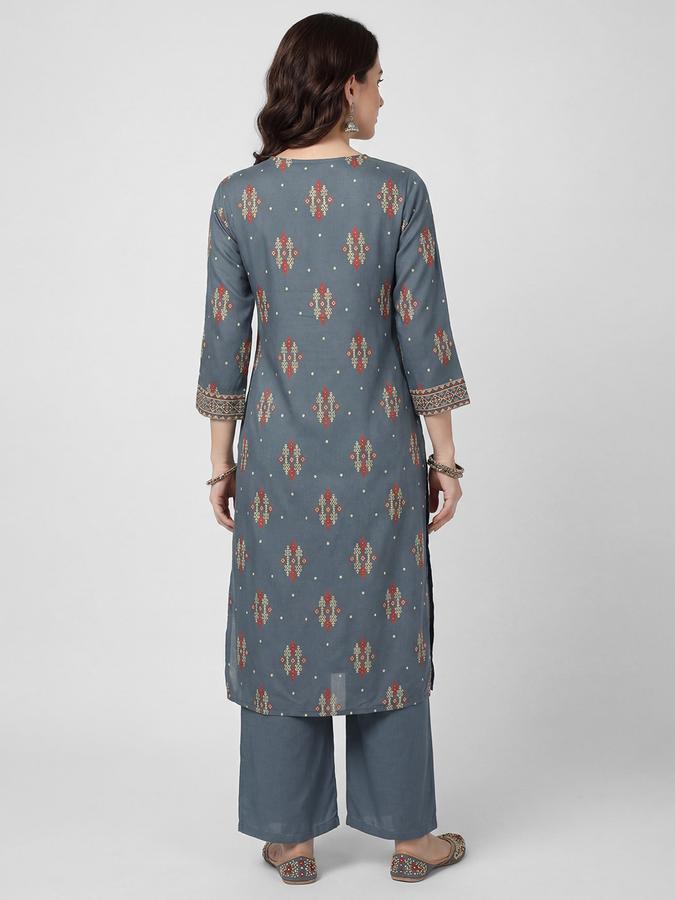R&B Grey Printed Women Three-Quarter Sleeves V-Neck Kurta