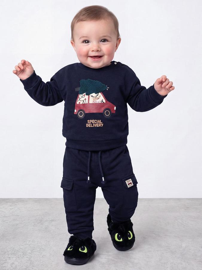 R&B Boys Navy Blue Christmas Car Print Round Neck Sweatshirt and Cargo Pants Set