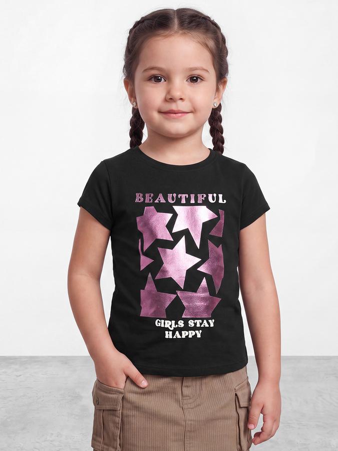 R&B Girls Black Geometric Printed  Short Sleeves Pure Cotton T-shirt