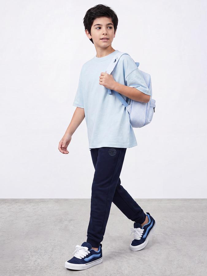 R&B Boys Navy Blue Printed Pure Cotton Mid Rise Joggers