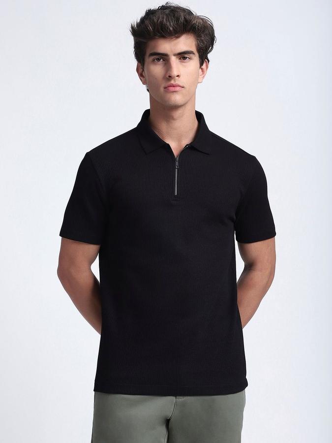 Men Cotton Regular Fit Polo Neck Textured T-shirt