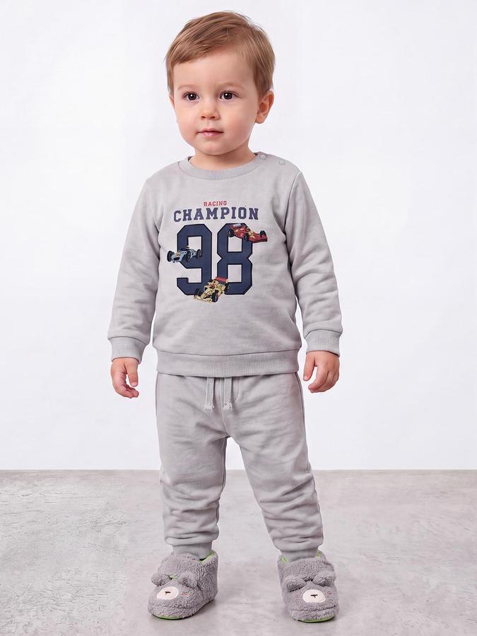 R&B Boys Grey Pure Cotton Racing Car Print Sweatshirt and Pant Night Suit