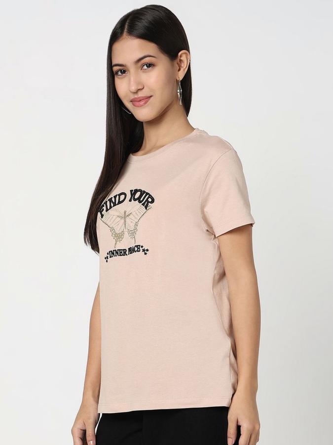 R&B Womens Ivory Typography Printed  Round Neck Short Sleeves T-shirt