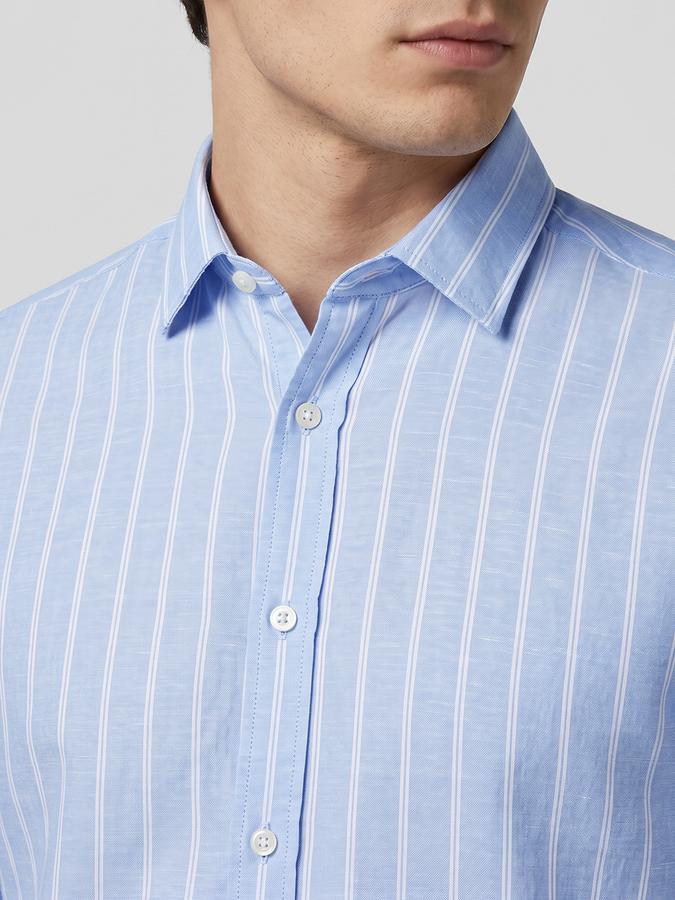 R&B Blue Striped Men Spread Collar Long Sleeves Shirt