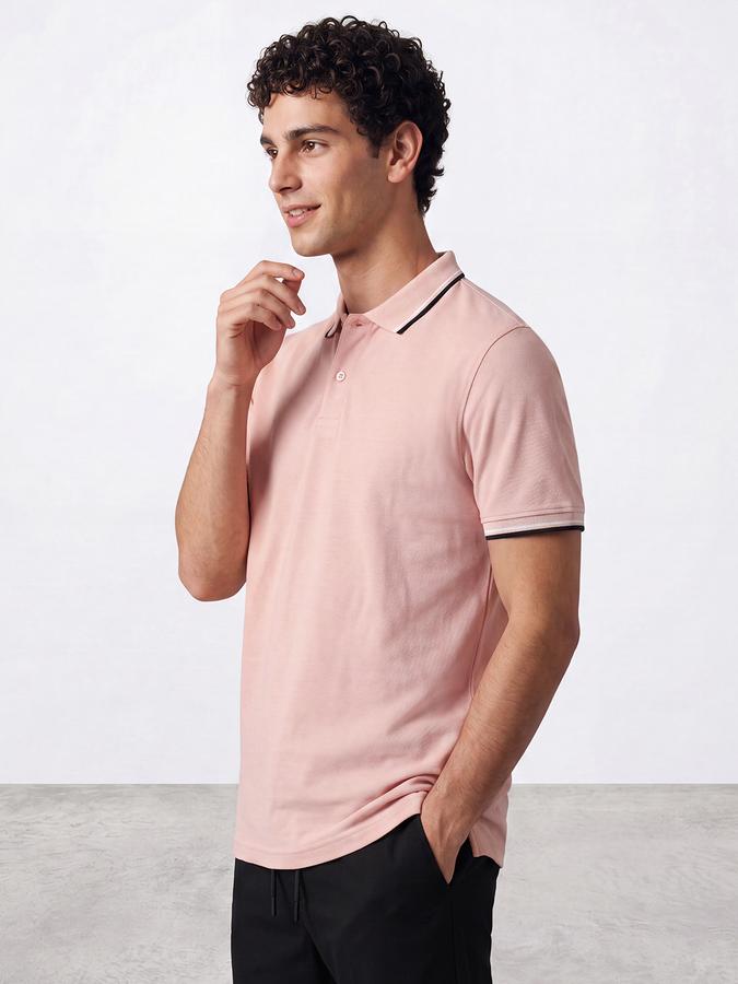 R&B Men Coral Solid Short Sleeves Tipping Polo Collar Tshirt