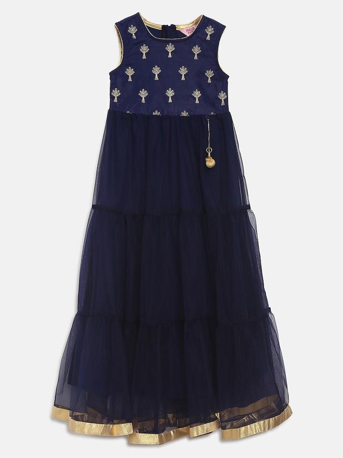 R&B Girls Navy Self Sleeveless Round Neck Maxi Fit &amp; Flare Dress