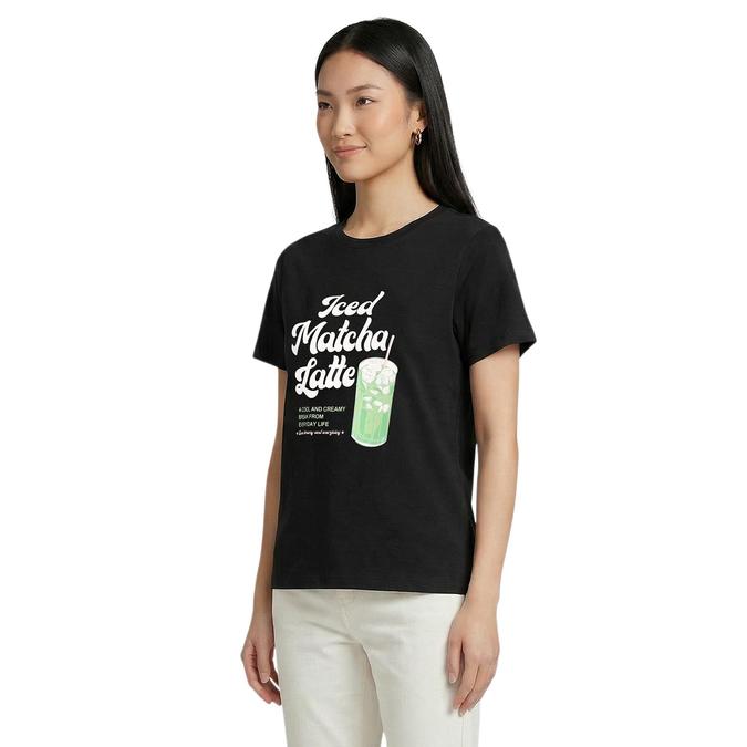 R&B Women Black Cotton Printed Round Neck T-Shirt
