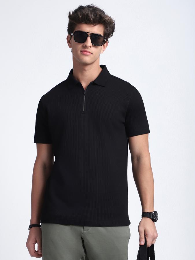 Men Cotton Regular Fit Polo Neck Textured T-shirt