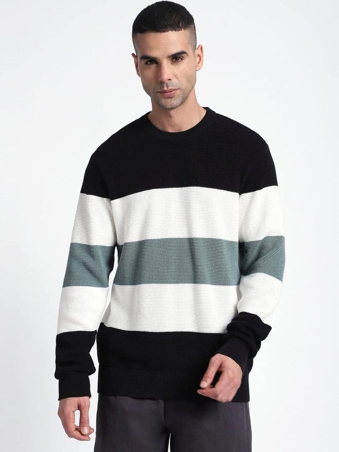 R&B Men Black Round Neck Colourblocked Long Sleeves Sweater