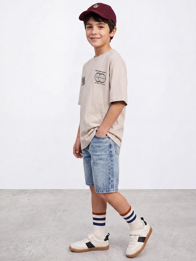 R&B Boys Beige Short Sleeve Round Neck Typography Graphic Print T-Shirt
